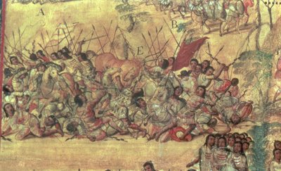 1519 年 10 月のチョルラ市でのスペイン人とインディアンの間の戦い 作： Miguel Gonzalez