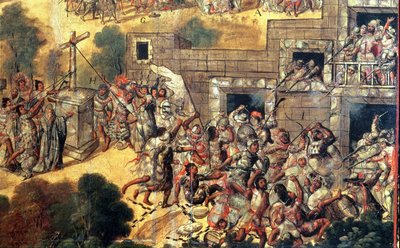 モンテズマ（1466-1520）に対する偶像と石投げと矢のショットに面した十字架を引き下ろそうとする試みの詳細（1698年）（パネルに油彩） 作： Miguel Gonzalez