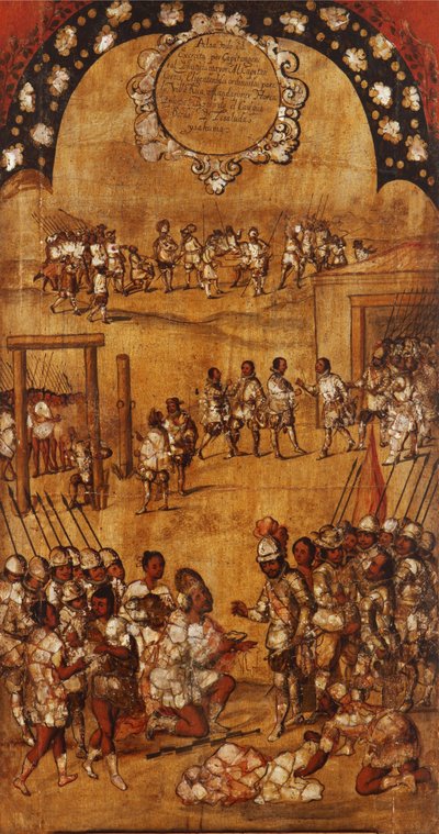 メキシコの征服、パネルIII、c.1696-1715（木にペイント） 作： Miguel Gonzalez