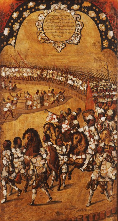 メキシコの征服、パネルIX、1696〜1715年頃（木にペイント） 作： Miguel Gonzalez