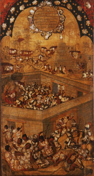 メキシコの征服、パネルVII、c.1696-1715（木にペイント） 作： Miguel Gonzalez