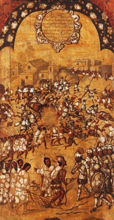 メキシコの征服、パネルV、1696〜1715年頃（木にペイント） 作： Miguel Gonzalez