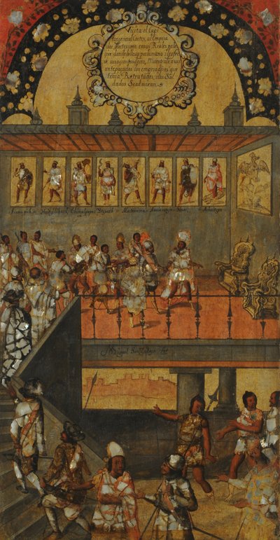メキシコの征服、パネルXII、1696〜1715年頃（木にペイント） 作： Miguel Gonzalez