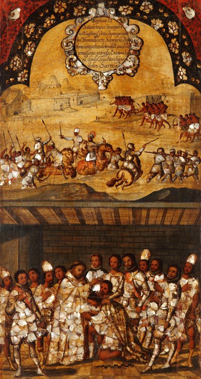メキシコの征服、パネルXIX、c.1696-1715（木にペイント） 作： Miguel Gonzalez