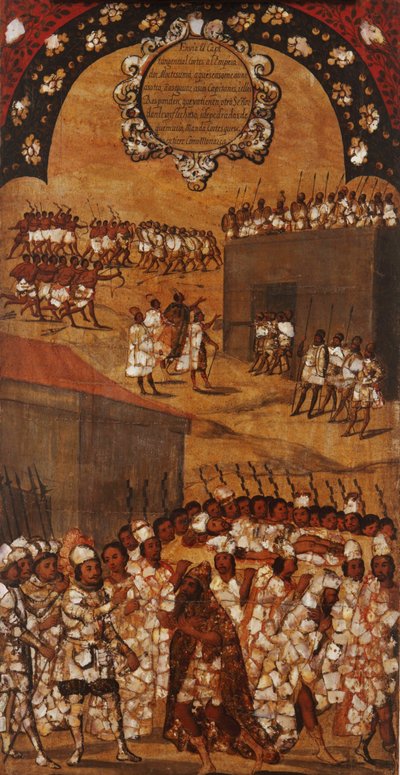 メキシコの征服、パネルXVII、c.1696-1715（木にペイント） 作： Miguel Gonzalez