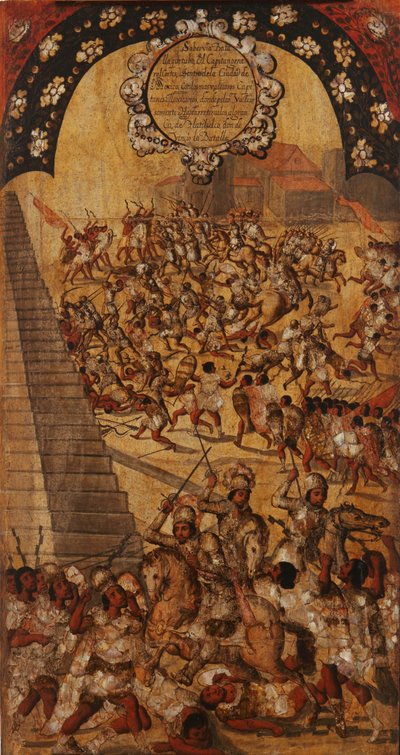 メキシコの征服、パネルXVI、1696〜1715年頃（木にペイント） 作： Miguel Gonzalez