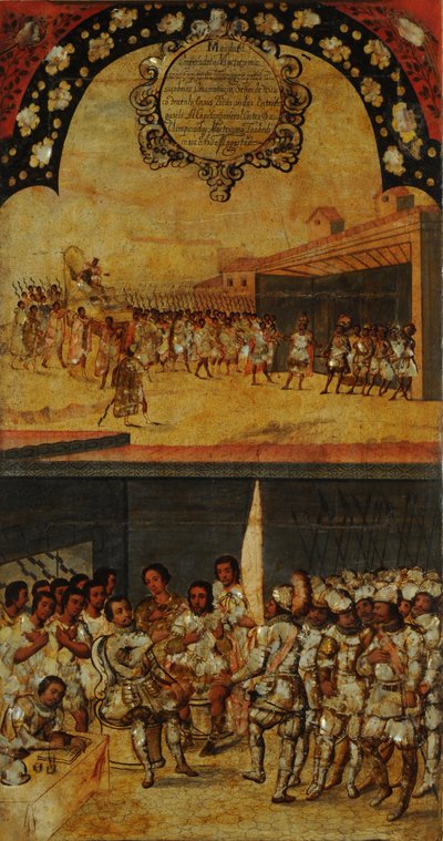 メキシコの征服、パネルXV、1696〜1715年頃（木にペイント） 作： Miguel Gonzalez