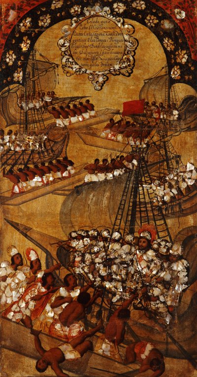 メキシコの征服、パネルXXII、1696〜1715年頃（木にペイント） 作： Miguel Gonzalez