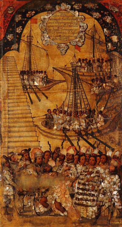 メキシコの征服、パネルXXIV、c.1696-1715（木にペイント） 作： Miguel Gonzalez
