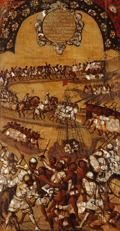 メキシコの征服、パネルXXI、1696〜1715年頃（木にペイント） 作： Miguel Gonzalez