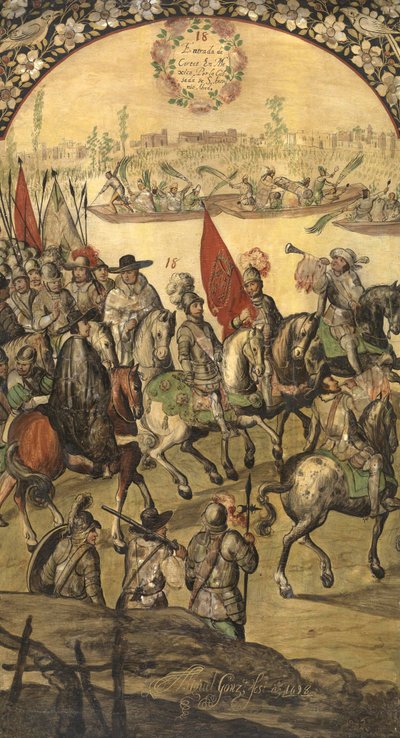 Hernan (ou Hernando) Cortes ou Fernand Cortez (1485-1547) et sa suite arrivent au tenochtitlan (mexique) - The Conquest of Mexico by Hernan Cortes par Gonzalez, Miguel and Juan (active end of 17cen.).木に油彩、サイズ：97x53 作： Miguel and Juan Gonzalez
