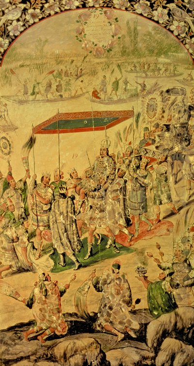 ヘルナンドコルテス（1485-1547）とモンテスマ（1466-1520）の出会いを描いた2つのパネルの1つ：モンテスマとその追随者、1698年 作： Miguel and Juan Gonzalez