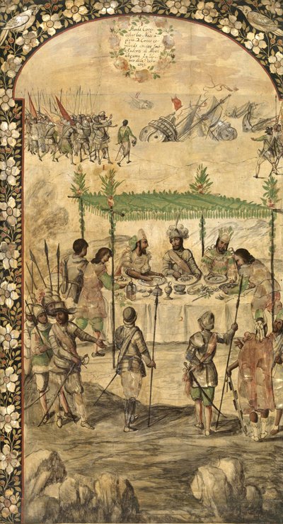 1520年、船の破壊を命じ、モンテズマ（モクテスマ、モテヅマ、モテクフゾマ）（1466-1520）の大使と会談 - エルナン・コルテスによるメキシコ征服 par Gonzalez, Miguel and Juan（17世紀末に活躍）。木に油彩、サイズ : 作： Miguel and Juan Gonzalez