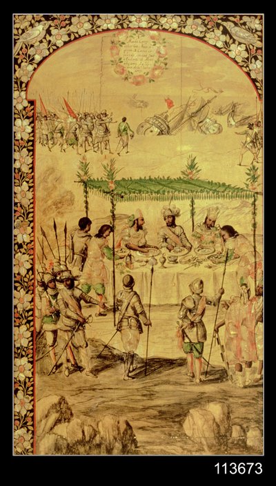 メキシコの征服: エルナンド・コルテス (1485-1547) は船の破壊を命じ、1520 年にモンテスマ (1466-1520) の大使と会う 作： Miguel and Juan Gonzalez
