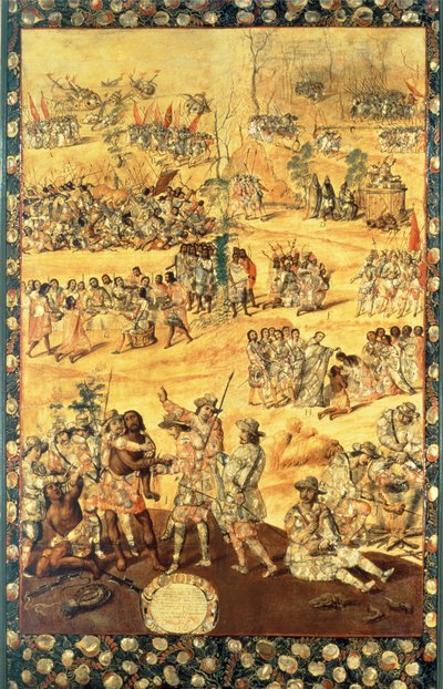 エルナンド・コルテス (1485-1547) とモンテズマ (1466-1520) の出会い、メキシコ征服のパネル 作： Miguel and Juan Gonzalez