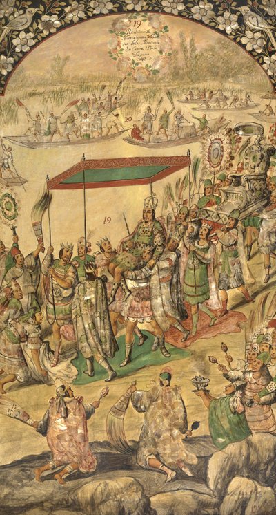 モンテズマの歓迎(1466-1520) - エルナン・コルテスによるメキシコ征服 パー・ゴンザレス、ミゲル、フアン(17世紀末に活躍)。木に油彩、サイズ：97x53 作： Miguel and Juan Gonzalez