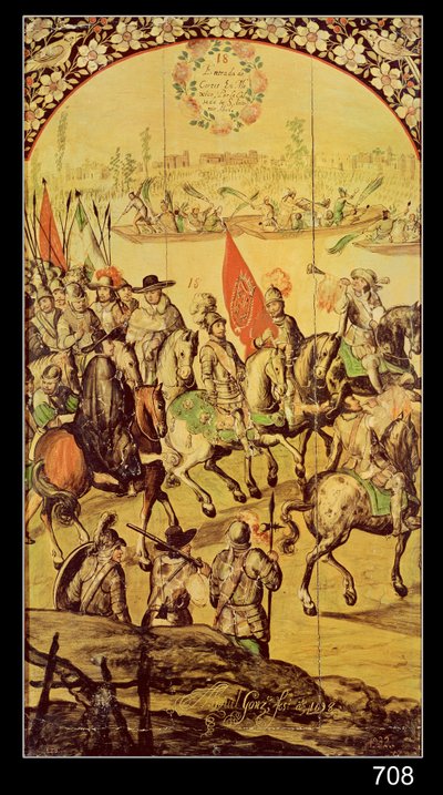 ヘルナンドコルテス（1485-1547）とモンテスマ（1466-1520）1698の出会い 作： Miguel and Juan Gonzalez