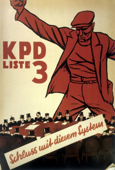 ドイツ共産党（KPD）のポスター「Away with the System（体制と決別せよ）」 1932年、激しい政治競争の時代に制作された。 作： ビーロー・ミハー