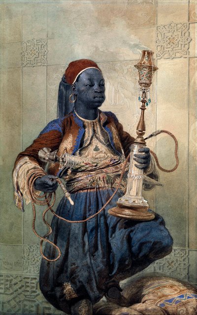 "Portrait de nubien a la pipe a eau" Mihaly Zichy (1827-1906) Aquarelle de Mihaly Zichy (1862) Dim 49,5x31 cm Private Collection 作： Mihaly von Zichy