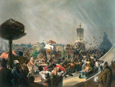 1856年にモスクワのホディンカフィールドにある皇帝アレクサンドル2世の戴冠式の後の公共の祝祭。 作： Mihaly von Zichy