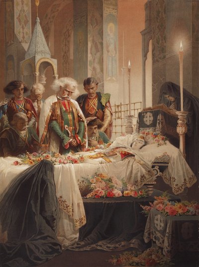 棺の中のタマラ。ミハイル・レルモントフ、c。 1880 作： Mihaly von Zichy