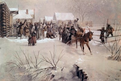そりに乗って雪の降る村を横切る皇帝アレクサンドル2世（1818-1881） ミハーイ・フォン・ツィーシー（1827-1906）による水彩画 19世紀 サンクトペテルブルク、ペテルホフ城 作： Mihaly von Zichy