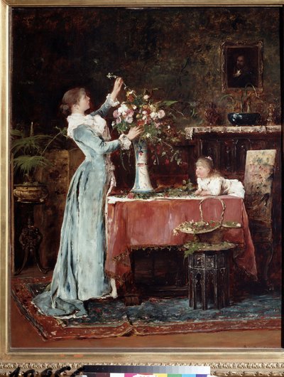 ""La composition dubouquet"" (ブーケを作る) 花束を用意する中産階級 (ハンガリー語?) の女性、娘が彼女を見ています。 Mihaly Munkacsy (1844-1900) による 1880 年頃の絵画 プーシキン美術館、モスクワ 作： Mihály Munkácsy
