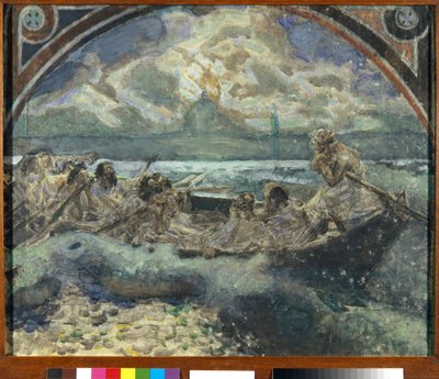 イエスは水の上を歩く (Jesus Walks on Water) - Mikhail Alexandrovich Vrubel (Vrubel) (1856-1910) の作品、紙に水彩、グワッシュ、インク、ペン 作： Mikhail Aleksandrovich Vrubel