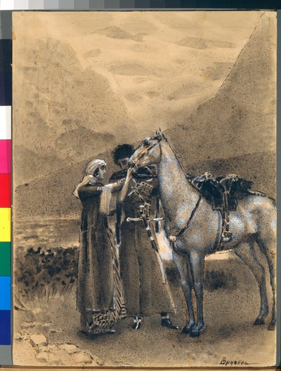 ザラとイスマイルの別れ - ミハイル・レールモントフ (1814-1841) の詩「イズマイール・ベイ」 (イズマイール・ベイ) からのイラスト - ミハイル・アレクサンドロヴィッチ・ヴルベル (ヴルベル) のアートワーク (1856-1910) 作： Mikhail Aleksandrovich Vrubel