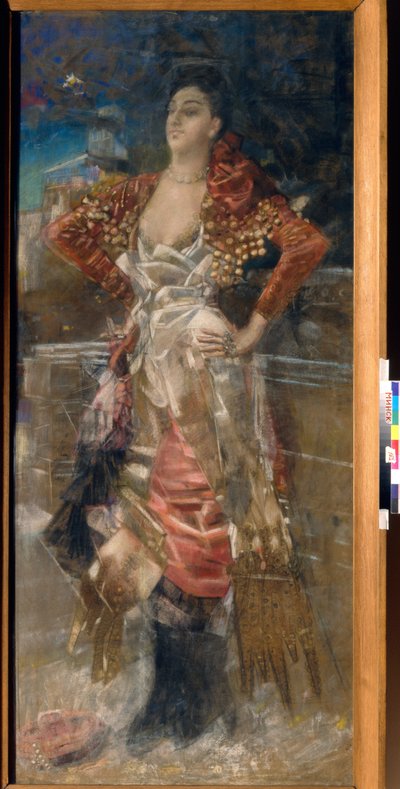 La Belle Otero (1868-1965) として知られる、ダンサーで女優の Caroline (Carolina) Otero の肖像画。 ベルエポックの娼婦。 ミハイル アレクサンドロヴィッチ ヴルベル (ヴルベル) (1856-1910) の作品、キャンバスにパステル 作： Mikhail Aleksandrovich Vrubel