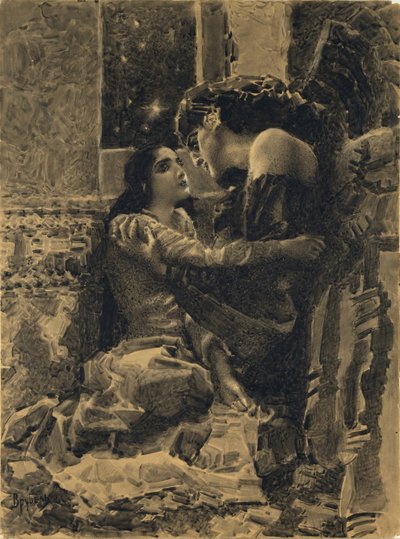 タマラと悪魔。ミハイル・レールモントフ作の詩「The Demon」のイラスト、1890〜1891年 作： Mikhail Aleksandrovich Vrubel