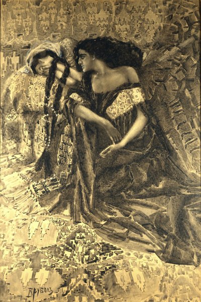 タマラと悪魔。ミハイル・レールモントフ作の詩「The Demon」のイラスト、1890〜1891年 作： Mikhail Aleksandrovich Vrubel