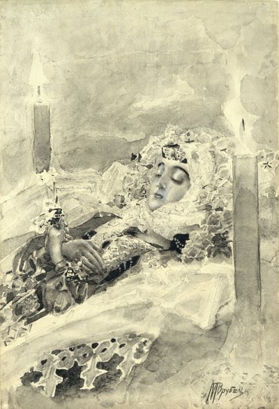 棺の中のタマラ。ミハイル・レールモントフ作の詩「The Demon」のイラスト、1890〜1891年 作： Mikhail Aleksandrovich Vrubel