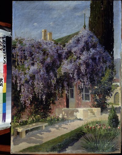 藤が絡む家。 ミハイル アレクサンドロヴィッチ アリソフ (1859-1933) の絵画。 キャンバスに油彩、62.3 x 44.4 cm。 20世紀初頭のロシアの学校。 建築と芸術の博物館、アルプカ、ウクライナ。 ©FineArtImage/リーマージュ 作： Mikhail Alexandrovich Alisov