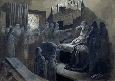Ivan IV（1530-84）ひどい殺害された者の幽霊が訪れた恐ろしいもの（紙とボディカラーのペンとインク） 作： Mikhail Konstantinovich Klodt
