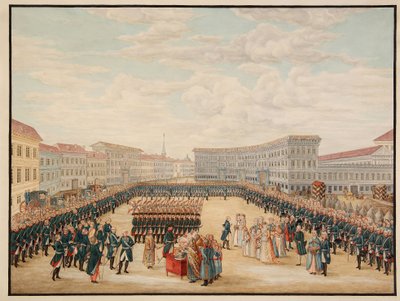 1796 年 12 月のプレオブラジェンスキー連隊の旗の祝福 (1796 年 12 月のプレオブラジェンスキー連隊の旗の奉献)。 ピョートル 1 世 (1672 ～ 1725 年) によって創設された、ロシア近衛兵の最も権威のある連隊。 作： Mikhail Matveevich Ivanov