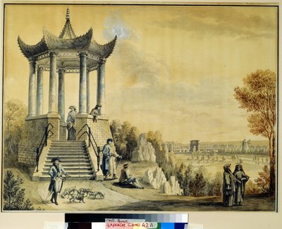ツァルコエ・セローのキャサリン公園にあるグランド・カプリース・パビリオン。 Mikhail Matveevich Ivanov (1758-1823) の作品、紙に水彩とチョーク、18 世紀後半。 18世紀のロシア美術。 イン 作： Mikhail Matveevich Ivanov