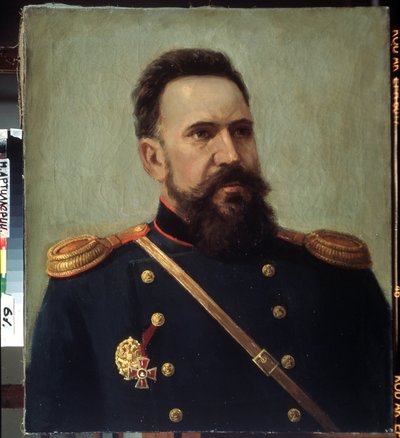 「兵士でエンジニアのセルゲイ モシン (1849-1902) モシン ナガン ライフル (モシン ナガント) の発明者の肖像」ミハイル ゲレッツ (1900-1942) による絵画 1941 州中央砲兵博物館、サンクトペテルブルク 作： Mikhail Petrovich Gerets