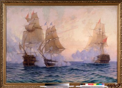 1829 年 5 月 14 日、2 隻のトルコ船と戦うブリッグ マーキュリー (露土戦争のエピソード) 作： Mikhail Stepanovich Tkatchenko