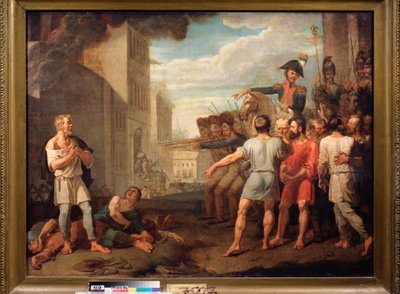 1812 年のフランス兵によるロシア人の処刑 (ナポレオン戦争のエピソード、ロシア戦役) - ミハイル ティホノフ (1789-1862) による絵画、キャンバスに油彩 作： Mikhail Tikhonov