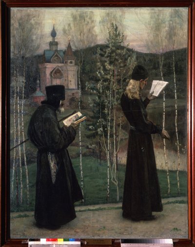 ベルが鳴っています (Ringing the Bells)。 歩きながら読書をしている 2 人の僧侶が、背景にある教会に向かっています。 Mikhail Vasilyevich Nesterov (1862-1942) の絵画、キャンバスに油彩 作： Mikhail Vasilievich Nesterov
