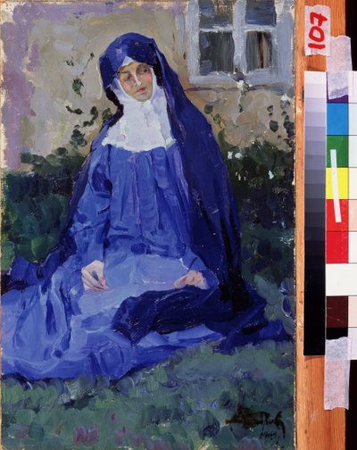 修道女（修道女）。 Mikhail Vasilyevich Nesterov (1862-1942) の作品、ボール紙に油彩 作： Mikhail Vasilievich Nesterov
