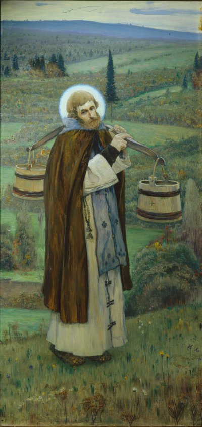 聖セルギウスがトリプティクを勤める、左部分、1896 作： Mikhail Vasilievich Nesterov