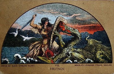 岩のドラゴンと戦うナイト・トラットを描いたポストカード、1900年頃（カラーリトグラフ） 作： Mikolas (after) Ales