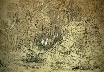 森の中の空き地（紙に白黒のチョーク） 作： Miles Edmund Cotman