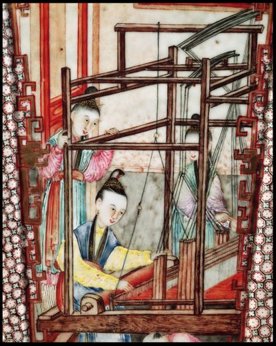 シルクを織る様子を描いた花瓶（陶器）の細部 作： Ming Dynasty Chinese School