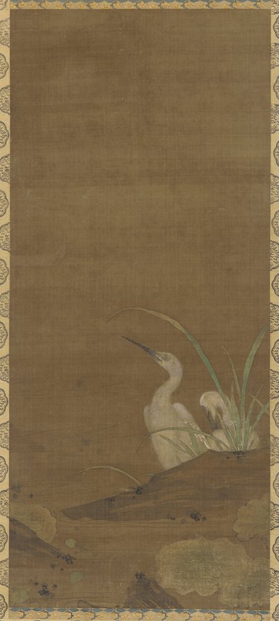 サギと水生植物（シルクのインクと色） 作： Ming Dynasty Chinese School