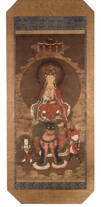 獅子に乗った摩尼寿利菩薩、14世紀後半、絹本、墨、彩色、金彩 作： 明代中国学校