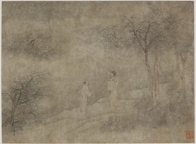 霧の森を歩く二人の男（紙にインクと色） 作： Ming Dynasty Chinese School