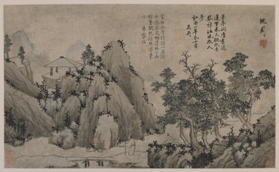 渓流を歩く（紙にインクと色） 作： Ming Dynasty Chinese School